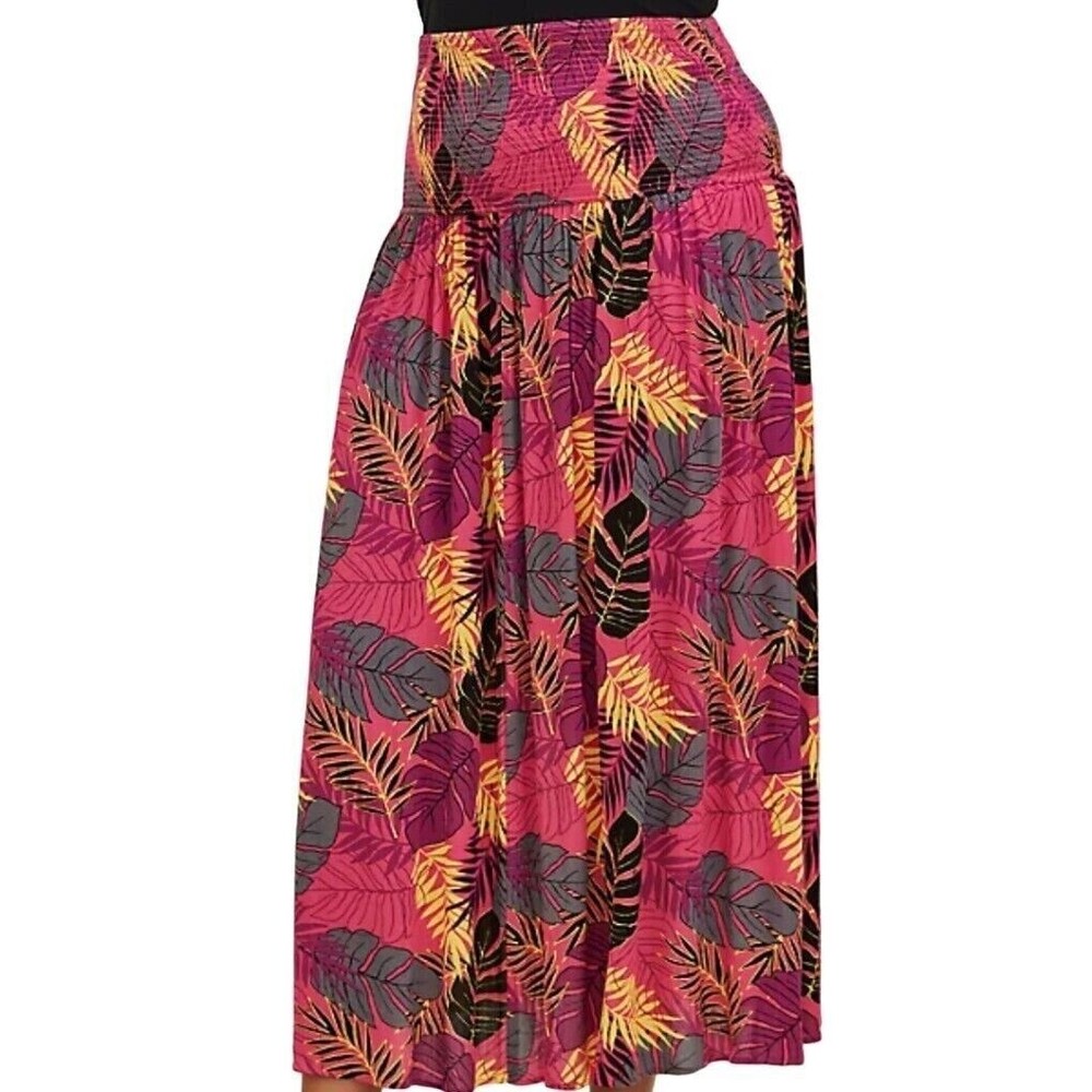 Torrid 5 XL Convertible Smocked Midi Pink Dress Skirt Crinkle Gauze Palm Leaves - Picture 5 of 12